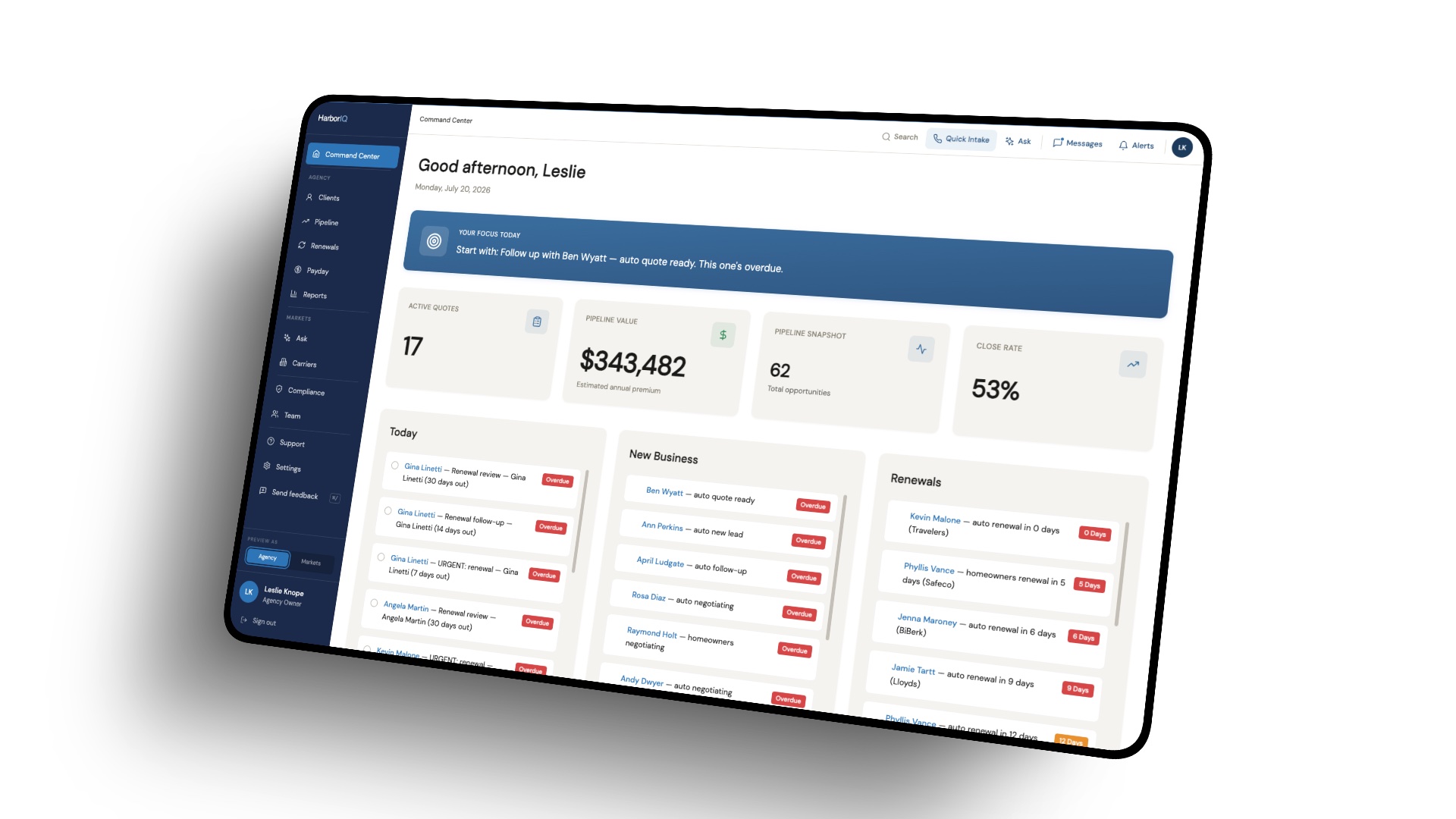 HarborIQ agency command center interface