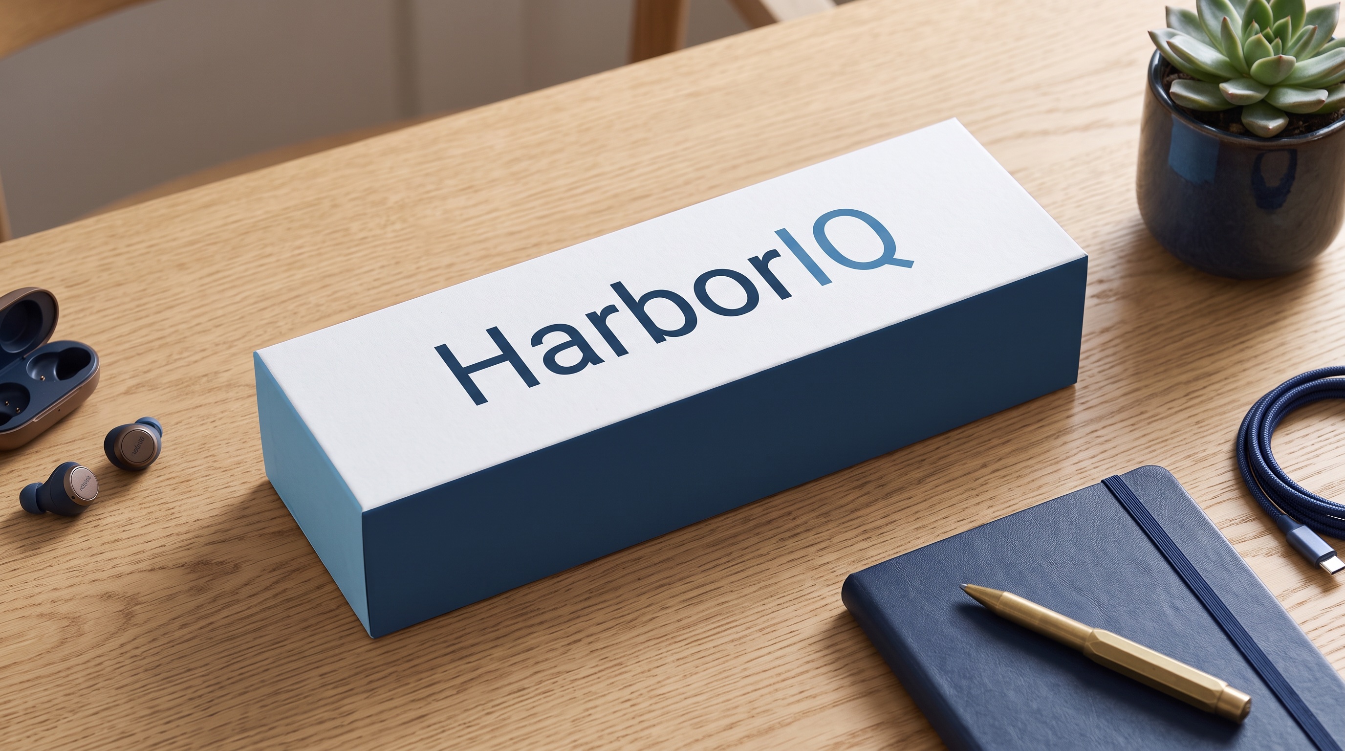 HarborIQ presented as a boxed software product on a studio desk
